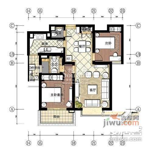 绿洲香岛花园2室2厅2卫132㎡户型图