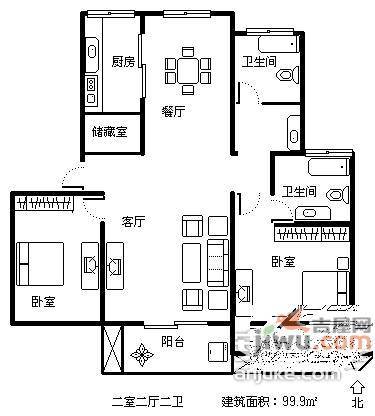 金榜世家2室2厅2卫100㎡户型图