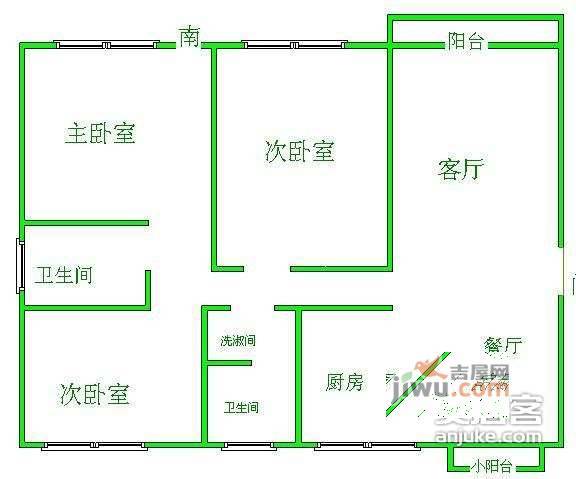 百富达公寓3室2厅1卫125㎡户型图