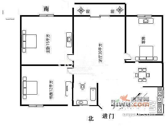 沙田公寓3室2厅1卫90㎡户型图