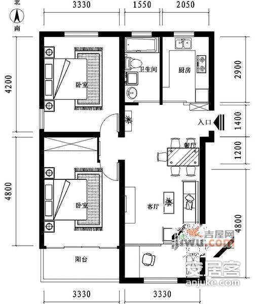 东沟七村2室2厅1卫75㎡户型图