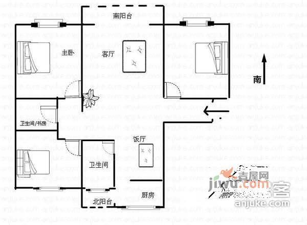 华高一村3室2厅2卫92㎡户型图