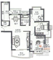 岭南公寓3室1厅1卫91㎡户型图