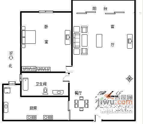 生活花苑1室1厅1卫46㎡户型图