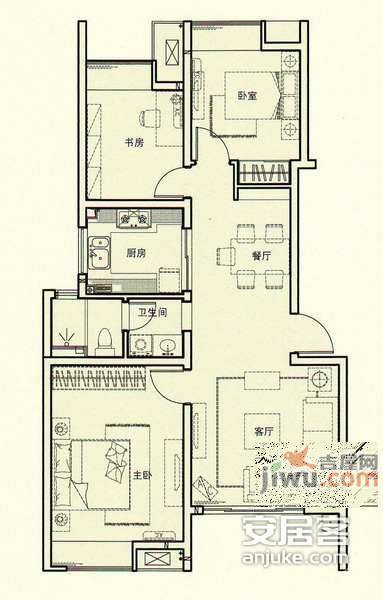 新水桥公寓3室2厅1卫132㎡户型图