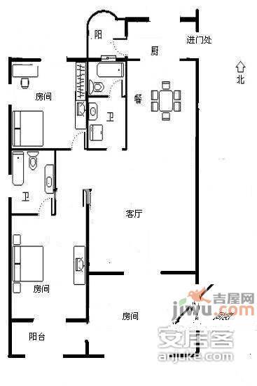 莲花公寓2室2厅2卫95㎡户型图
