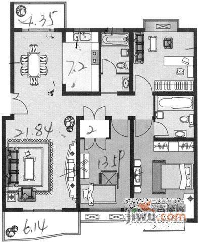 花园城3室2厅2卫140㎡户型图