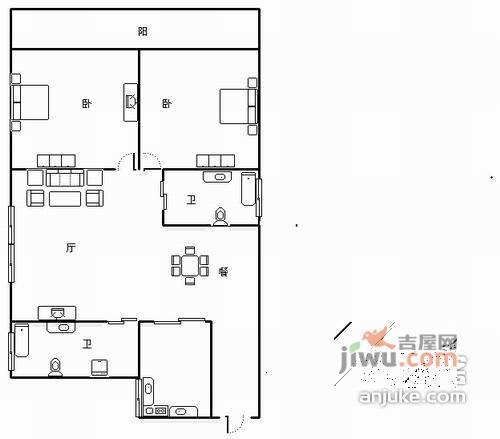 中皇广场2室2厅2卫121㎡户型图