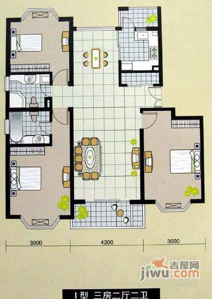 古龙公寓3室2厅2卫110㎡户型图