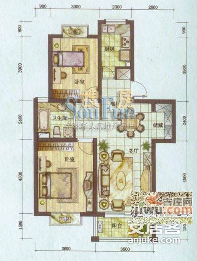 美兰湖颐景园2室2厅1卫105㎡户型图