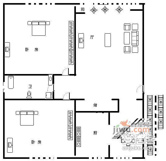 松江环城新村2室2厅1卫89㎡户型图