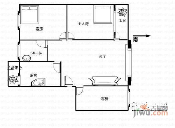 聚福花园二期3室2厅1卫93㎡户型图