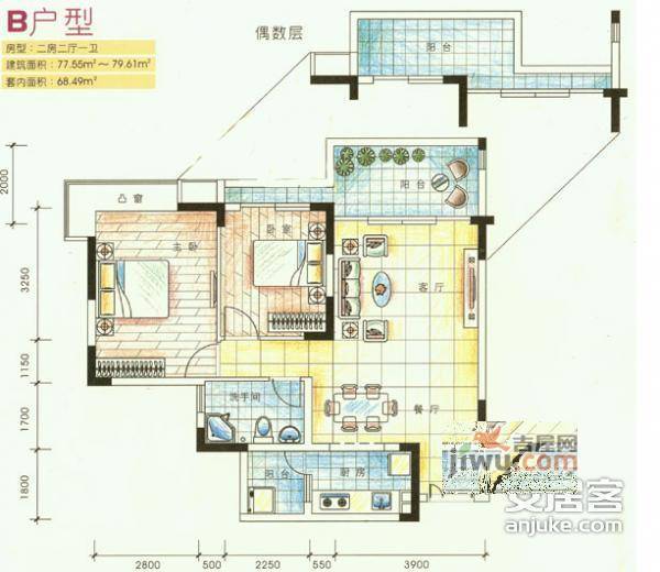 幸福枫景花园3室2厅1卫104㎡户型图