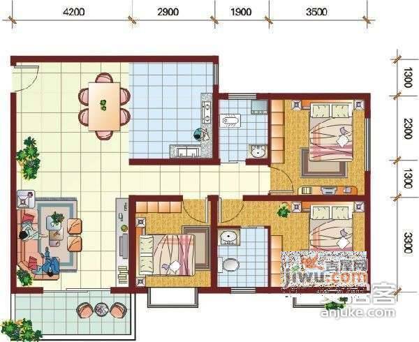 汇龙苑3室2厅2卫98㎡户型图