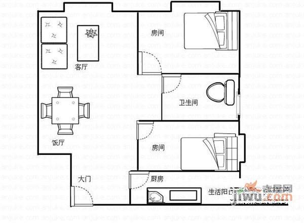 仙桐御景2室1厅1卫65㎡户型图