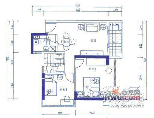 深蓝公寓2室2厅1卫63㎡户型图