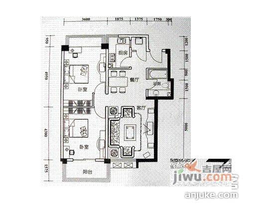 深蓝公寓2室2厅1卫63㎡户型图