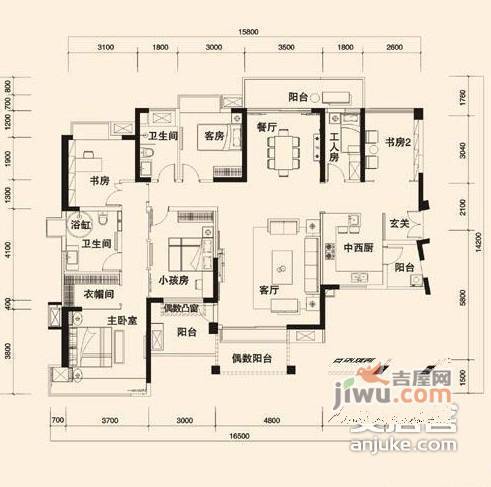 峰度天下3室2厅2卫88㎡户型图