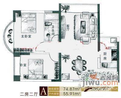 东方都会2室2厅1卫76㎡户型图