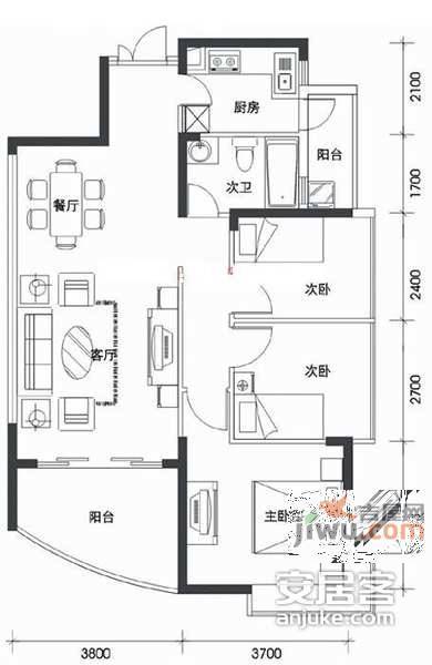 锦绣江南三期3室2厅1卫102㎡户型图