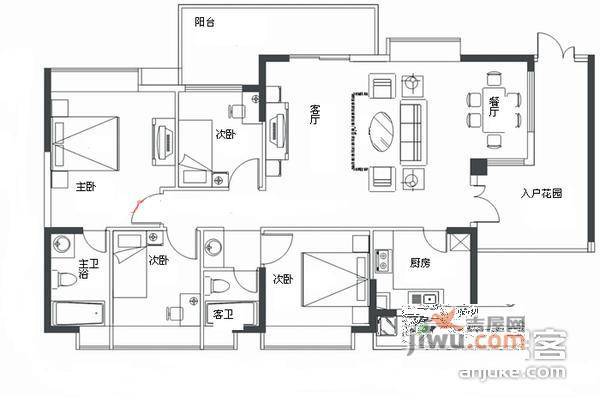 锦绣江南三期4室2厅2卫180㎡户型图