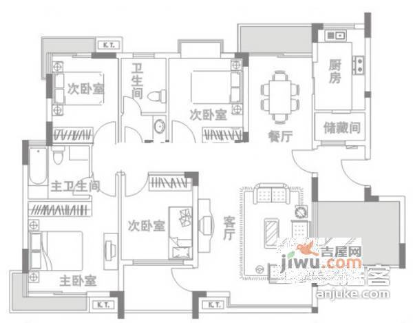 金地梅陇镇四期4室2厅2卫147㎡户型图