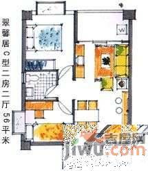 翠馨居花园2室1厅1卫57㎡户型图