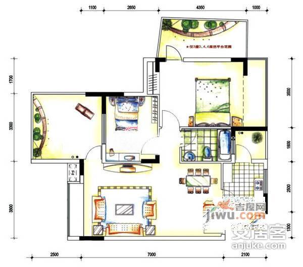 缤纷世界花园3室2厅1卫95㎡户型图