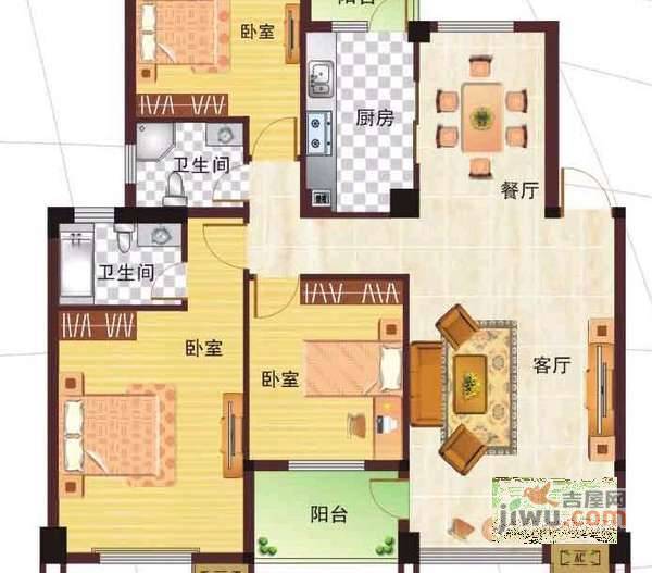 缤纷世界花园3室2厅1卫95㎡户型图