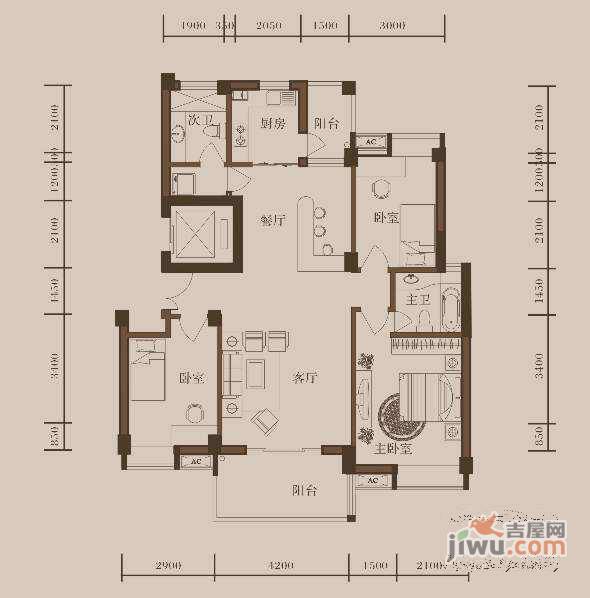 鹏都大厦4室2厅2卫135㎡户型图