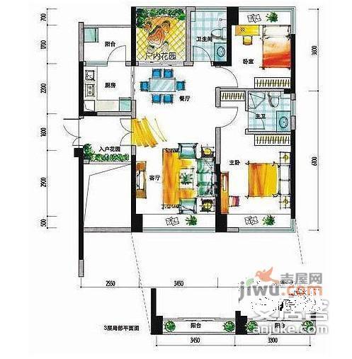 中信湾上六座花园1室1厅1卫66㎡户型图