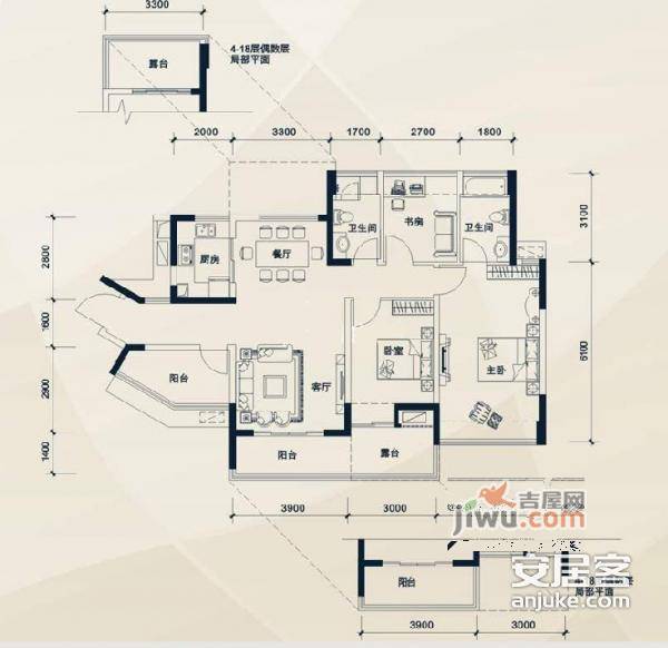 莱蒙水榭春天一二三期4室2厅3卫162㎡户型图