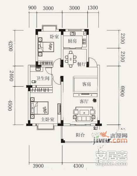 富强新苑一区2室2厅1卫90㎡户型图