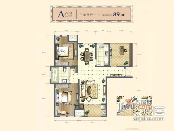 康桥溪岸花园3室2厅1卫89㎡户型图