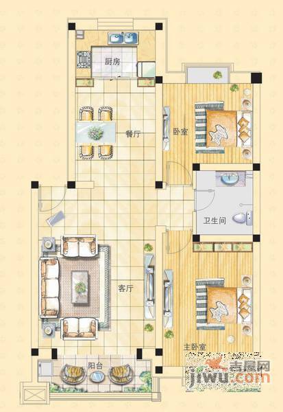 城市恬园2室2厅1卫100㎡户型图