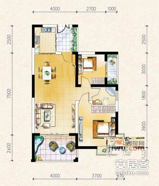 新兴北京御园2室2厅1卫91㎡户型图
