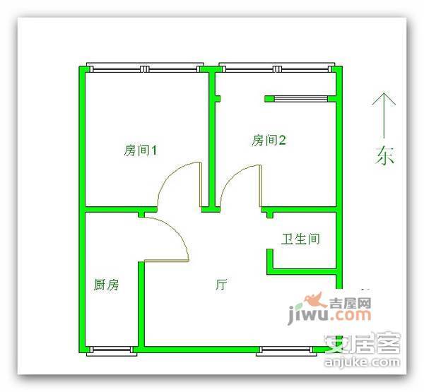 延安新村2室1厅1卫56㎡户型图