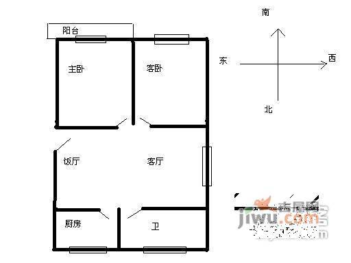 武林公寓2室2厅1卫64㎡户型图