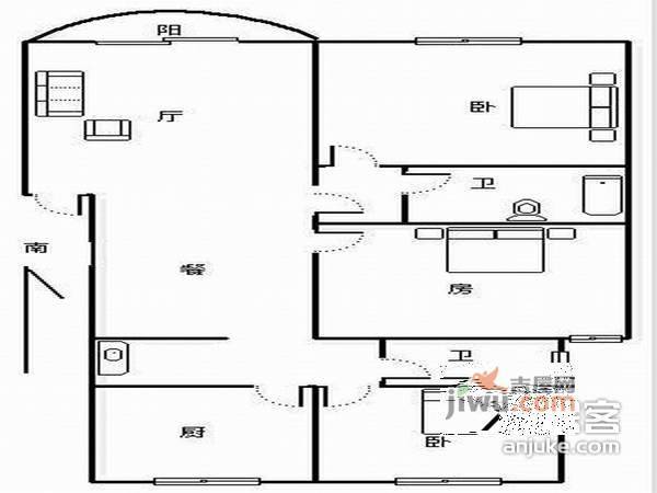 白马公寓3室2厅2卫户型图