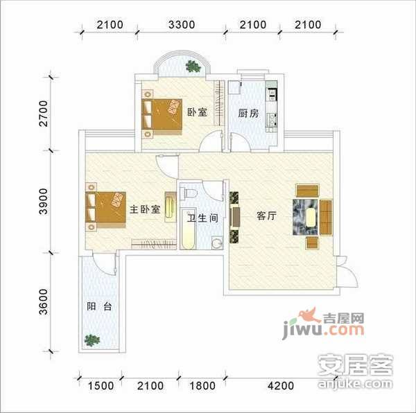 万科金色城品2室1厅1卫46㎡户型图