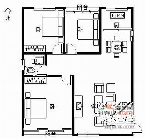 米兰公寓3室2厅1卫135㎡户型图