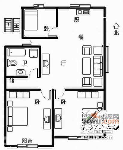 德雅花园3室2厅1卫89㎡户型图