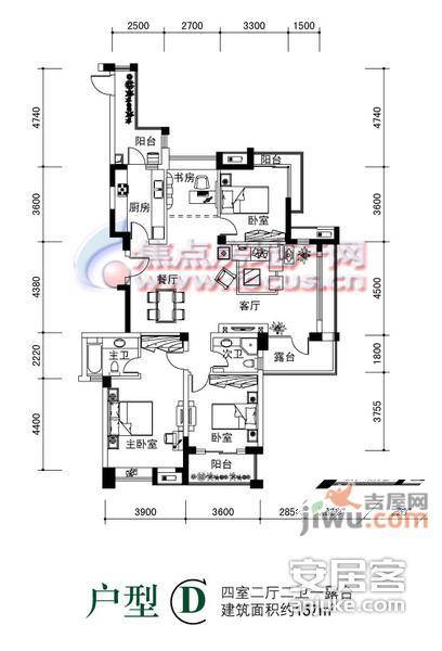 圣苑小区4室2厅2卫155㎡户型图