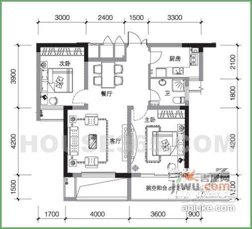 昆仑橡树园2室2厅1卫85㎡户型图