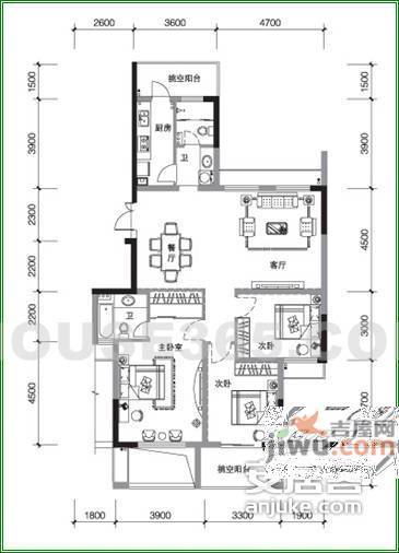 昆仑橡树园3室2厅2卫140㎡户型图