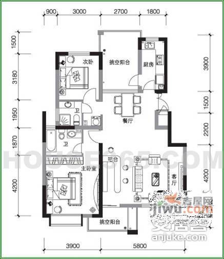 昆仑橡树园2室2厅2卫87㎡户型图