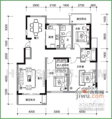 昆仑橡树园4室2厅2卫210㎡户型图