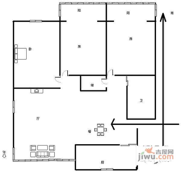 昆仑橡树园3室1厅1卫82㎡户型图