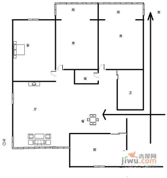 昆仑橡树园3室2厅1卫128㎡户型图