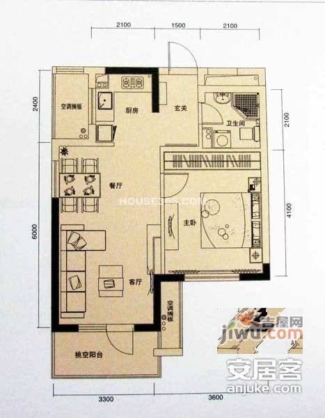 昆仑橡树园1室2厅1卫65㎡户型图